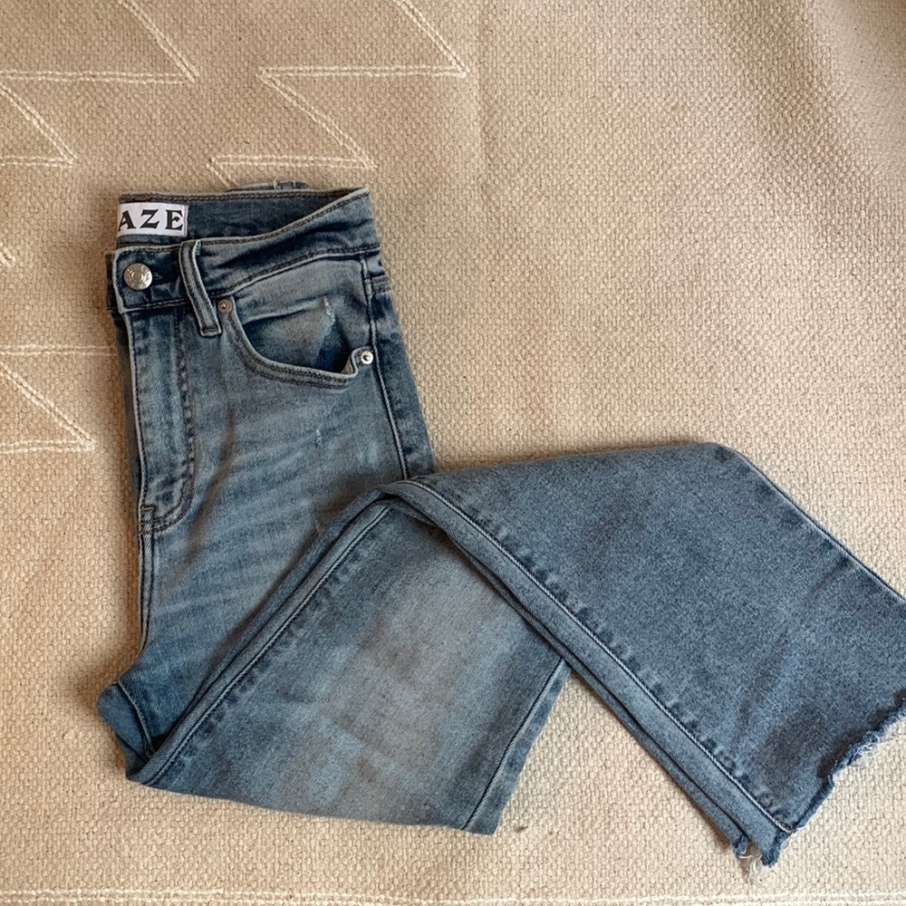 DAZE denim High Rise Crop Flares in ‘Player’